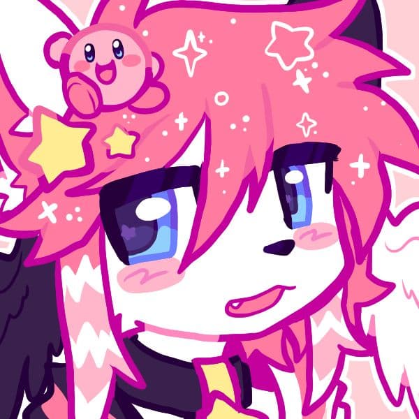 Paige's avatar: a pink-haired drawn character with sparkles in their hair and Kirby perched on top.